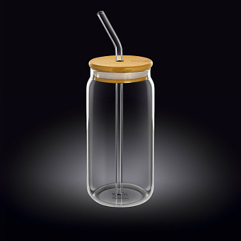 Банка для коктейля 500 мл. d=65 мм. h=160 мм с дерев. крышкой, с трубочкой Термостекло Wilmax /1/48/ Банка для коктейля 500 мл. d=65 мм. h=160 мм с дерев. крышкой, с трубочкой Термостекло Wilmax /1/48/