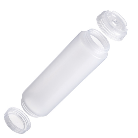 Емкость для соуса 1000 мл. d=75 мм. h=257 мм. c 2 крышками, с силик. носик. прозрачная, крышки прозрачные GP /1/96/