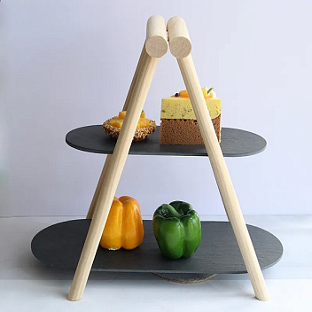 Этажерка 2-х ярусная 31*13,5/41*18,5 см. h=37 см. овальная с дерев. ножкой черная, сланец MGprof /1/5/ Этажерка 2-х ярусная 31*13,5/41*18,5 см. h=37 см. овальная с дерев. ножкой черная, сланец MGprof /1/5/