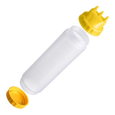 Емкость для соуса  750 мл. d=70 мм. h=270 мм. с 2 крышками 3 носика прозрачная, крышки желтые GP /1/96/