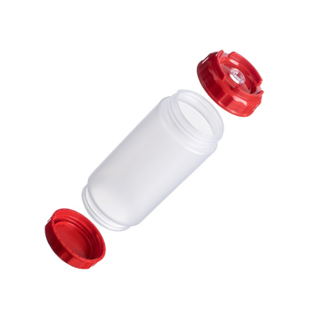 Емкость для соуса  500 мл. d=70 мм. h=166 мм. с 2 крышками, с силик. носик. широкая прозрачная, крышки красные GP /1/96/