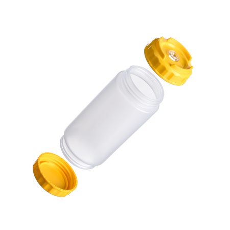 Емкость для соуса  500 мл. d=70 мм. h=166 мм. с 2 крышками, с силик. носик. широкая прозрачная, крышки желтые GP /1/96/