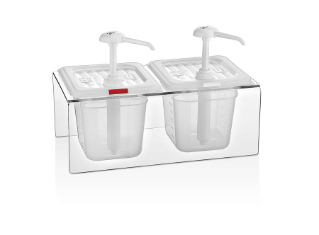 Диспенсер для соуса 2 GN 1/6 h=150 мм. 2 л. на подставке, с дозатором (25 мл), п/п, прозрачный GP /1/ Диспенсер для соуса 2 GN 1/6 h=150 мм. 2 л. на подставке, с дозатором (25 мл), п/п, прозрачный GP /1/