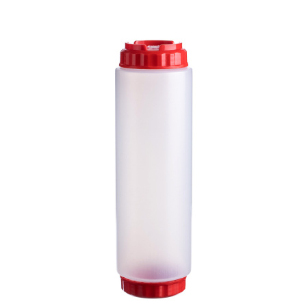 Емкость для соуса 1000 мл. d=75 мм. h=257 мм. c 2 крышками, с силик. носик. широкая прозрачная, крышки красные GP /1/96/