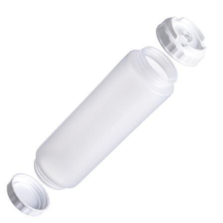 Емкость для соуса 1000 мл. d=75 мм. h=257 мм. c 2 крышками, с силик. носик. прозрачная, крышки белые GP /1/96/