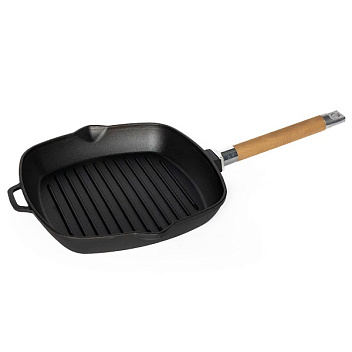Сковорода-гриль 28*28 см. h=4,5 см. чугун. рифлен. со съемн дерев. ручкой /1/8/ Сковорода-гриль 28*28 см. h=4,5 см. чугун. рифлен. со съемн дерев. ручкой /1/8/