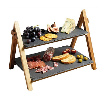 Этажерка 2-х ярусная 35,5*14/35,5*24,5см. h=29 см. дер. основание, черная, сланец MGprof /1/5/  Этажерка 2-х ярусная 35,5*14/35,5*24,5см. h=29 см. дер. основание, черная, сланец MGprof /1/5/